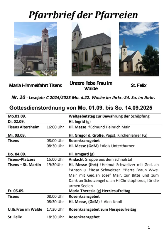 Lettera parrocchiale 01.09. - 14.09.2025 Lettera parrocchiale 01.09. - 14.09.2025