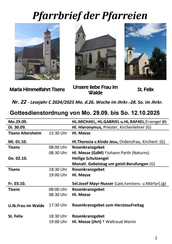 Lettera parrocchiale 29.09. - 12.10.2025