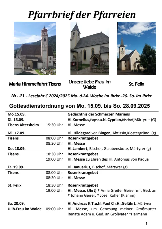 Lettera parrocchiale 15.09. - 28.09.2025 Lettera parrocchiale 15.09. - 28.09.2025