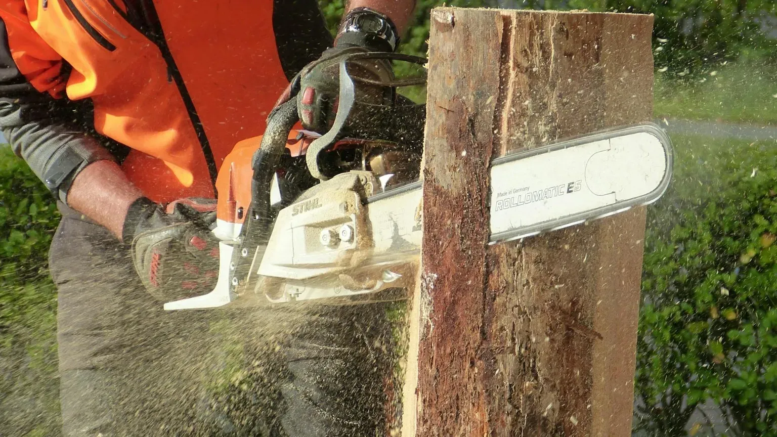 Uomo che taglia gli alberi con la motosega